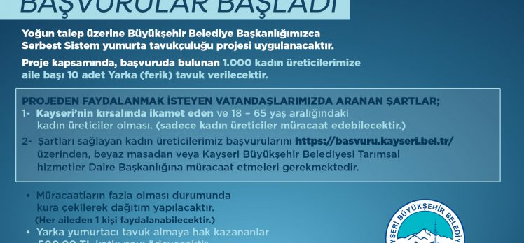 Büyükşehir’in Serbest Sistem Yumurta Tavukçuluğu Projesi’ne Müracaatlar Başladı